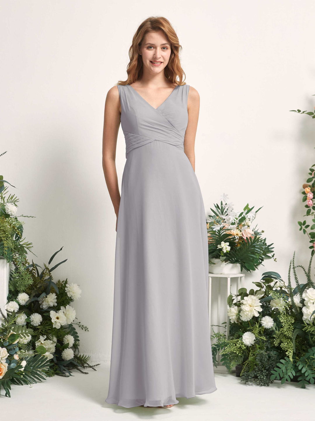 Carlyna A-Linie V-Ausschnitt bodenlang Brautjungfernkleid Taube 
