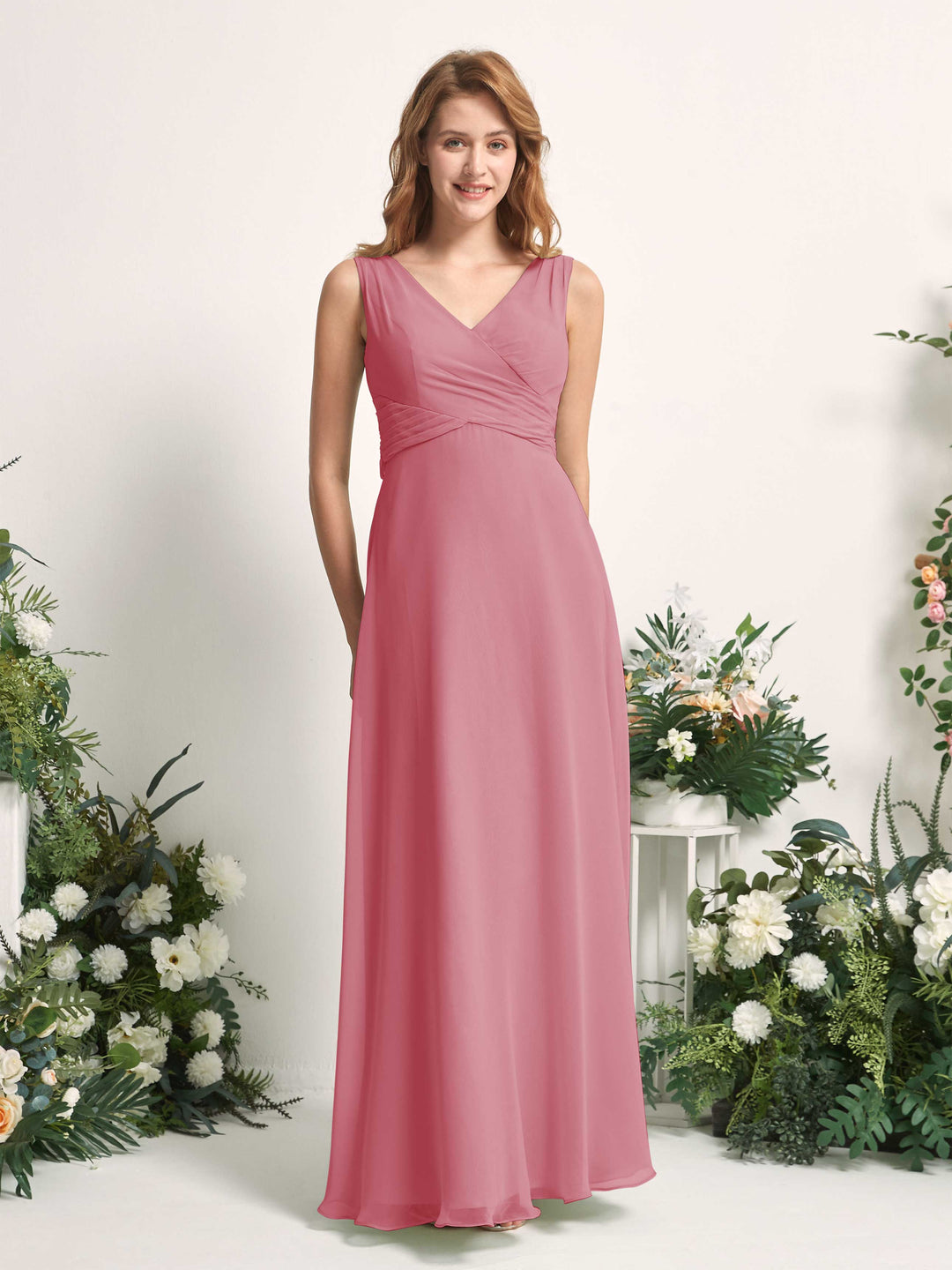 Carlyna A-Linie V-Ausschnitt bodenlang Brautjungfernkleid Wüstenrose 