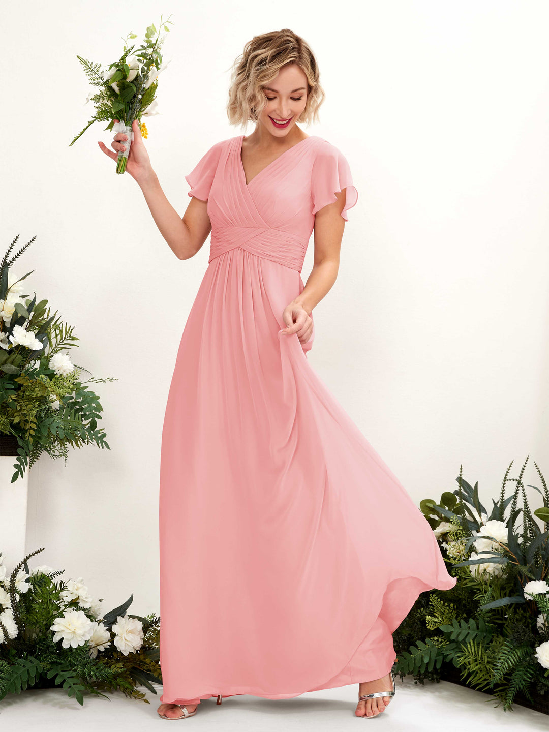 Carlyna A-Linie V-Ausschnitt Wickelausschnitt Flatterärmel bodenlanges Kleid Ballettrosa 
