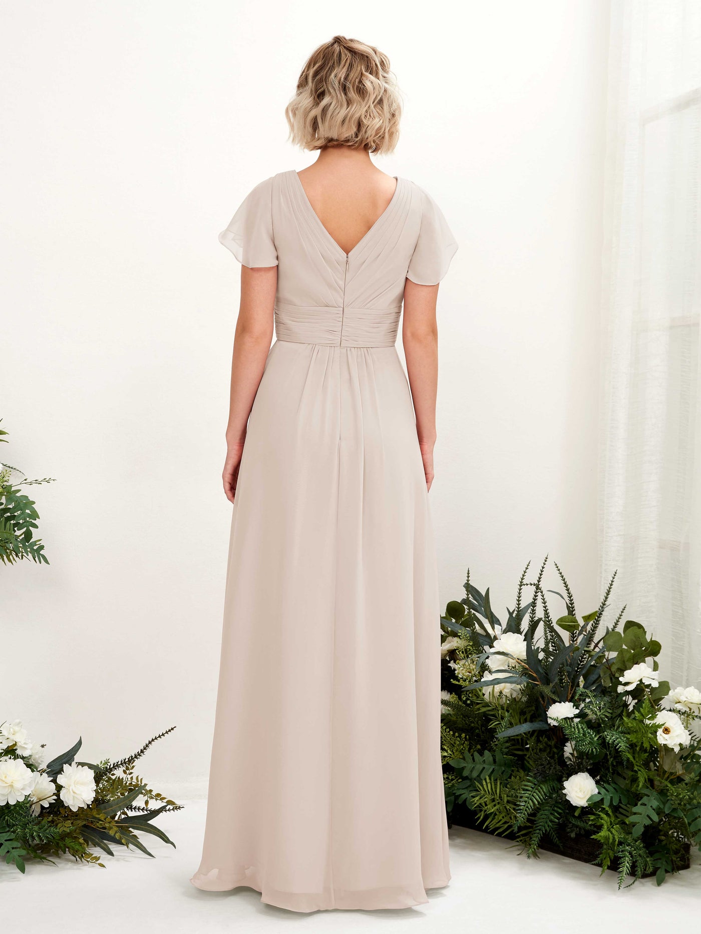 Carlyna A-Linie V-Ausschnitt Wickelausschnitt Flatterärmel bodenlanges Kleid Champagner #farbe_champagner