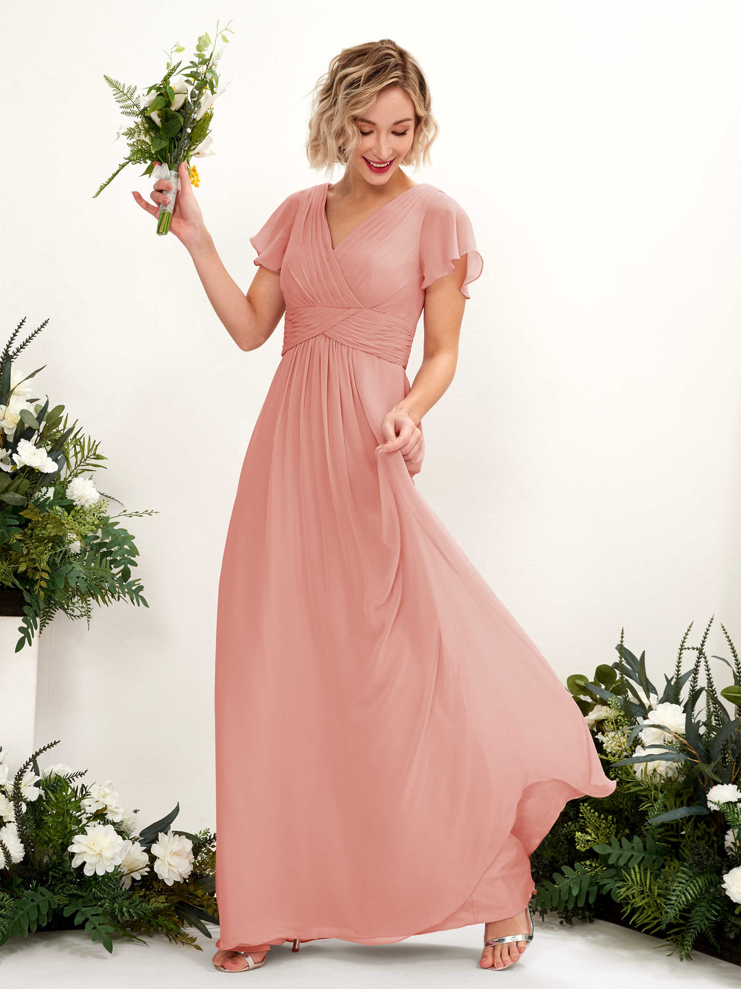 Carlyna A-Linie V-Ausschnitt Wickelausschnitt Flatterärmel bodenlanges Kleid Champagner-Rose 
