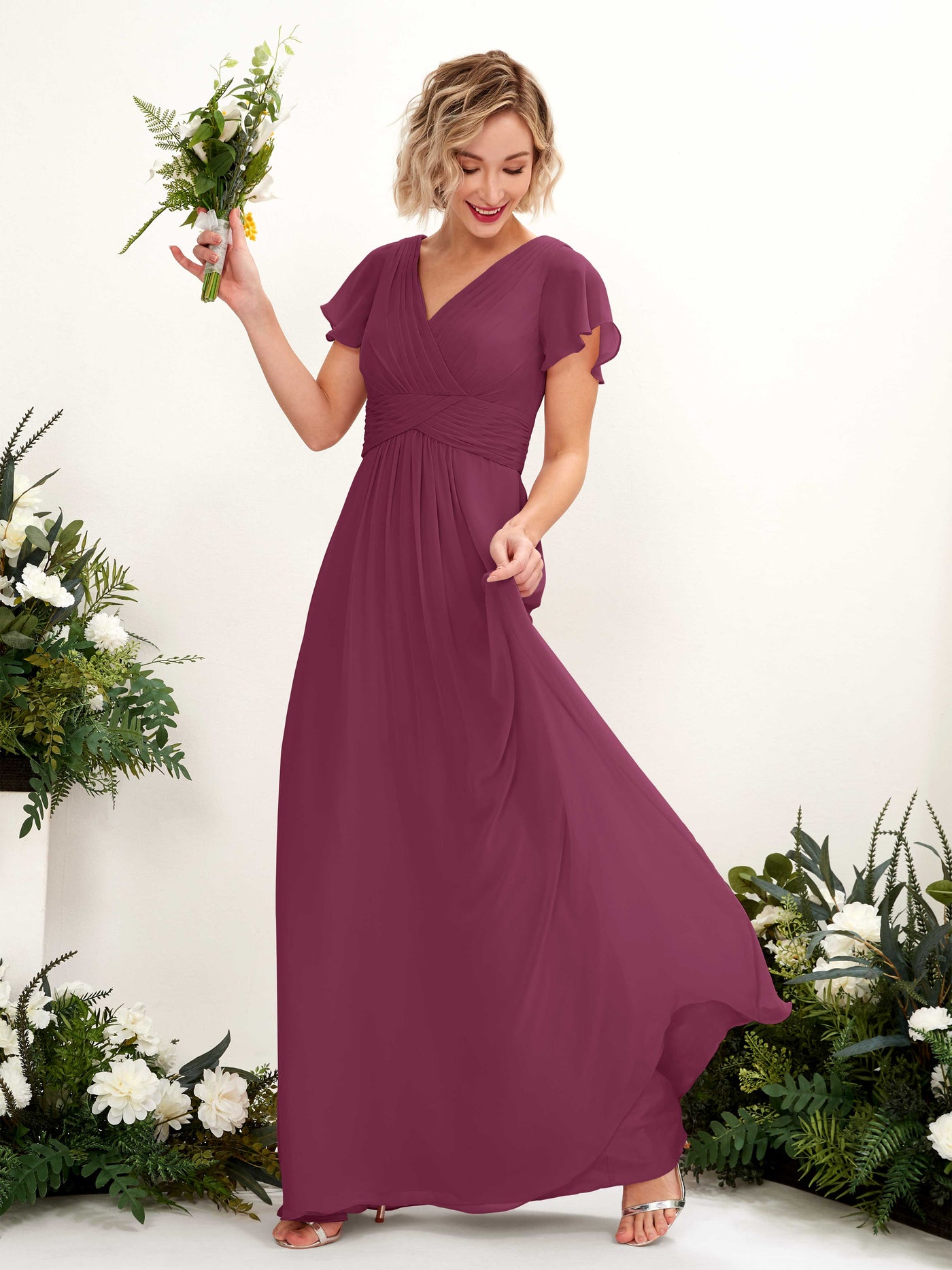 Carlyna A-Linie V-Ausschnitt Wickelausschnitt Flatterärmel bodenlanges Kleid Chianti #farbe_chianti