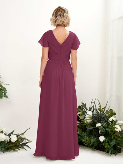 Carlyna A-Linie V-Ausschnitt Wickelausschnitt Flatterärmel bodenlanges Kleid Chianti #farbe_chianti