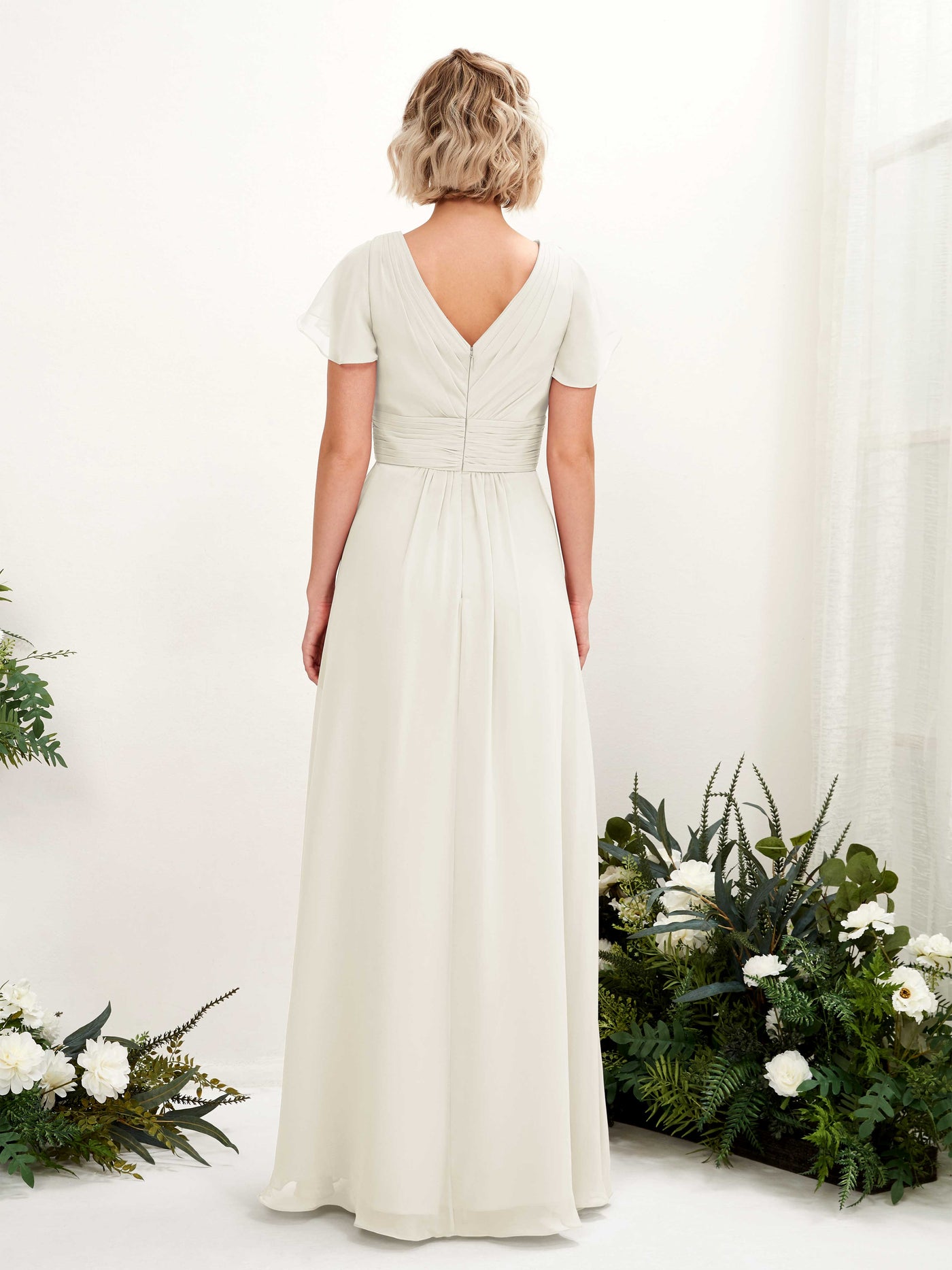 Carlyna A-Linie V-Ausschnitt Wickelausschnitt Flatterärmel bodenlanges Kleid Elfenbein #farbe_elfenbein