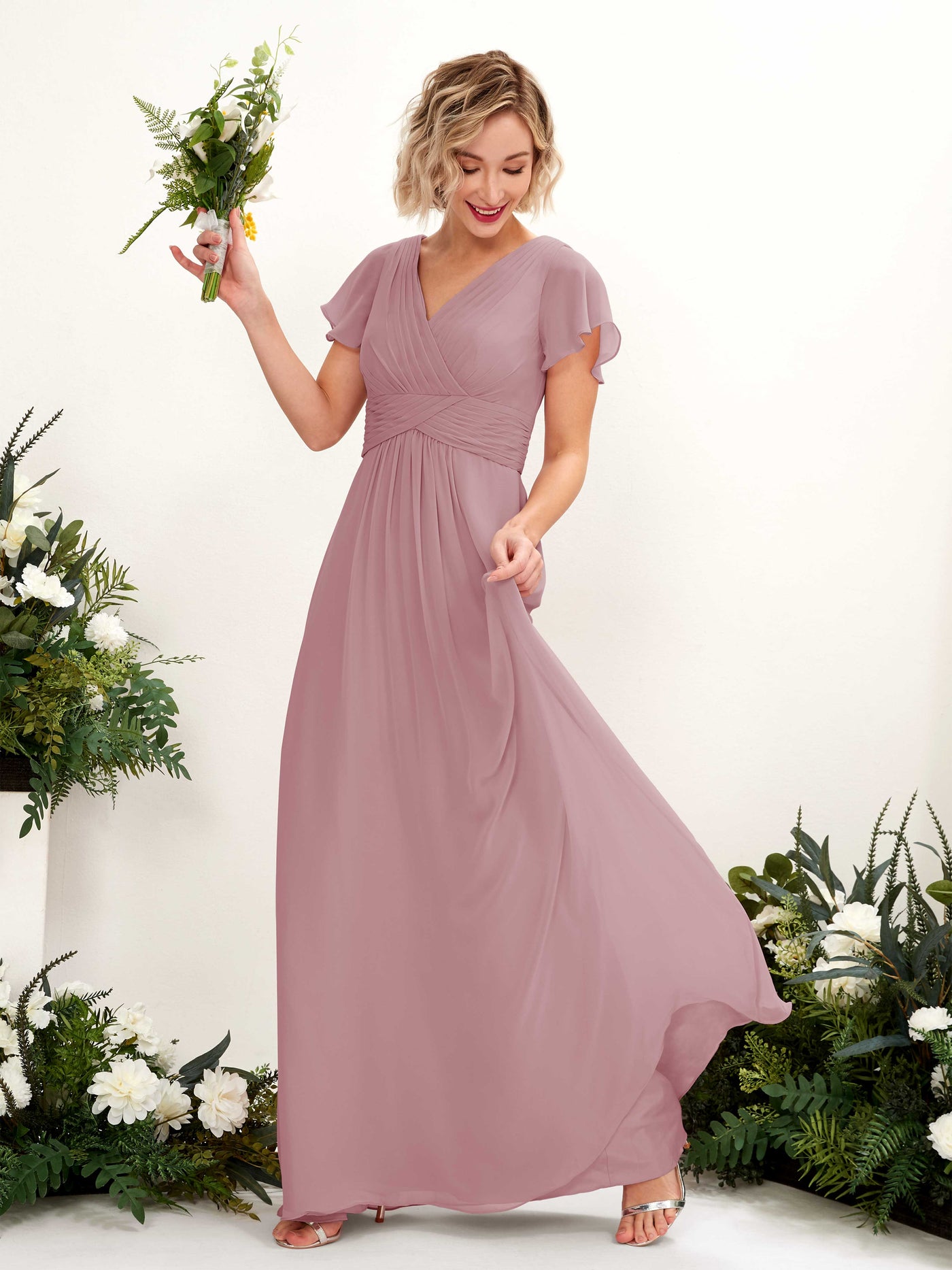 Carlyna A-Linie V-Ausschnitt Wickelausschnitt Flatterärmel bodenlanges Kleid Klassisch Mauve #farbe_klassisch-mauve