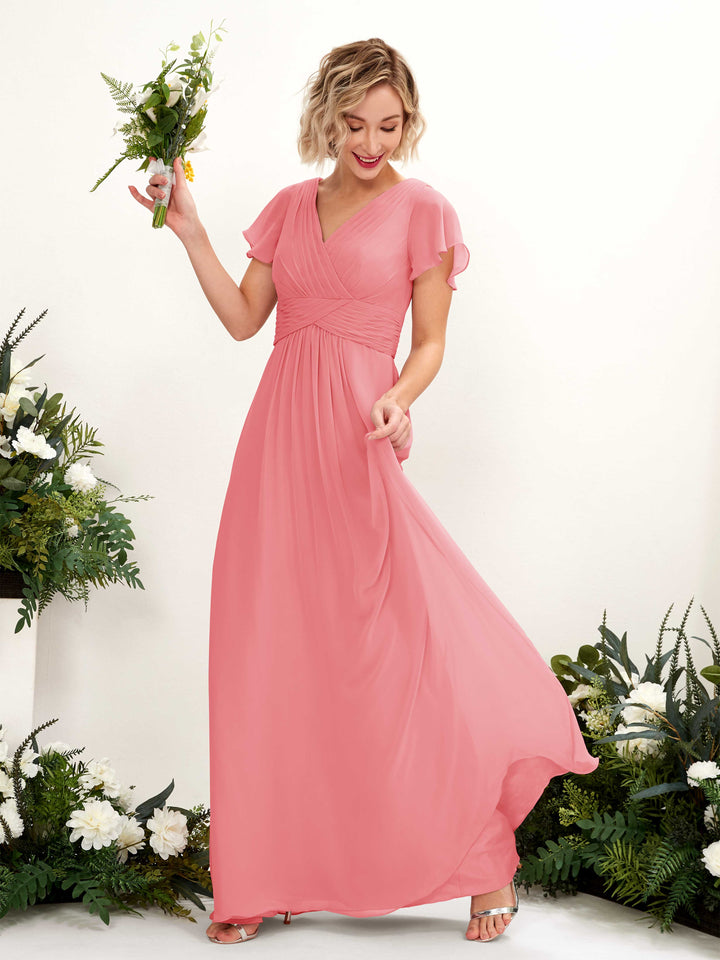 Carlyna A-Linie V-Ausschnitt Wickelausschnitt Flatterärmel bodenlanges Kleid Korallenrosa 