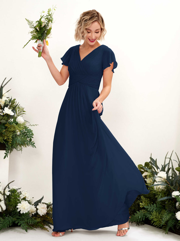 Carlyna A-Linie V-Ausschnitt Wickelausschnitt Flatterärmel bodenlanges Kleid Marineblau 
