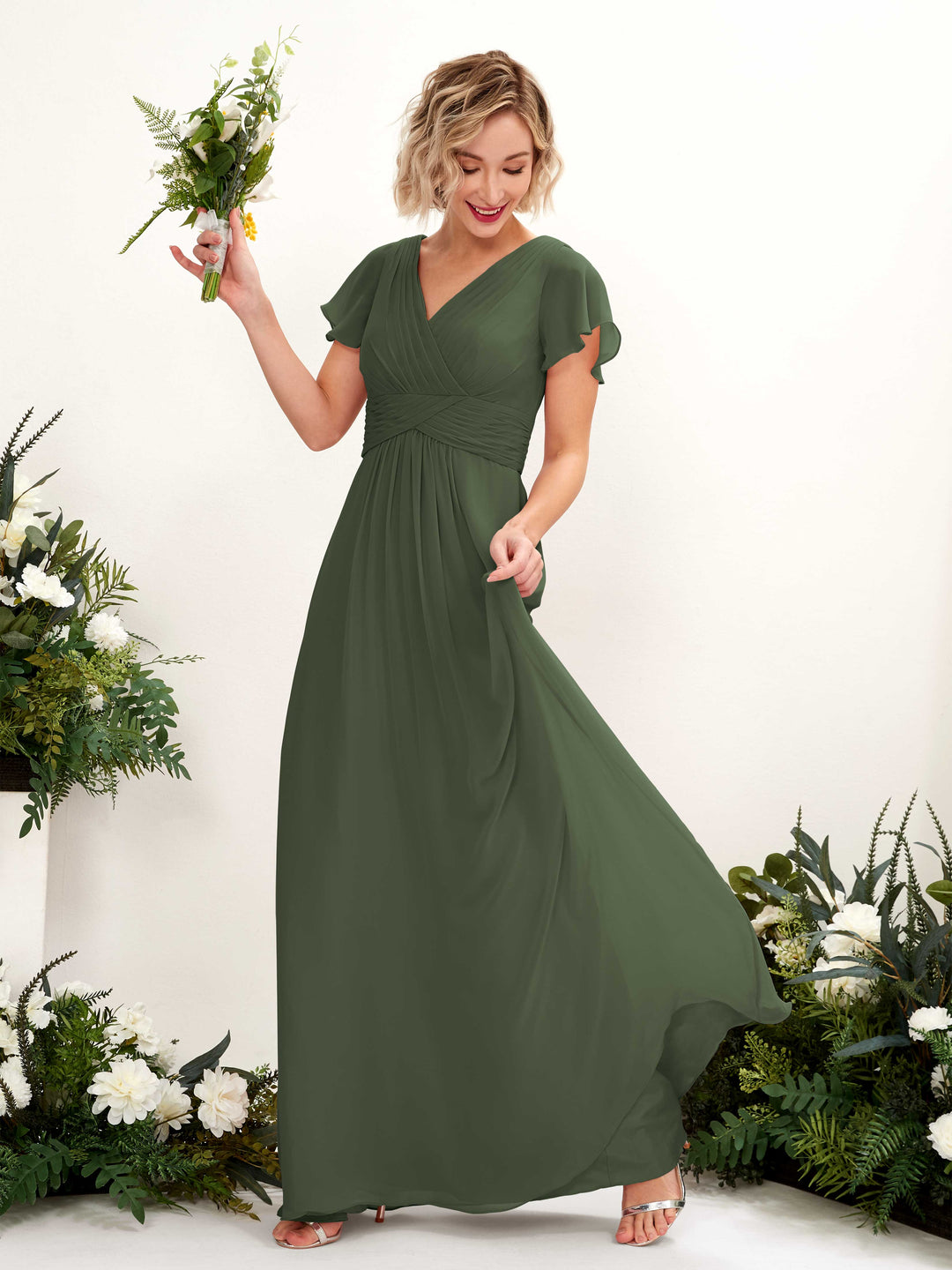 Carlyna A-Linie V-Ausschnitt Wickelausschnitt Flatterärmel bodenlanges Kleid Martini-Olive 