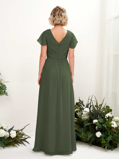 Carlyna A-Linie V-Ausschnitt Wickelausschnitt Flatterärmel bodenlanges Kleid Martini-Olive #farbe_martini-olive