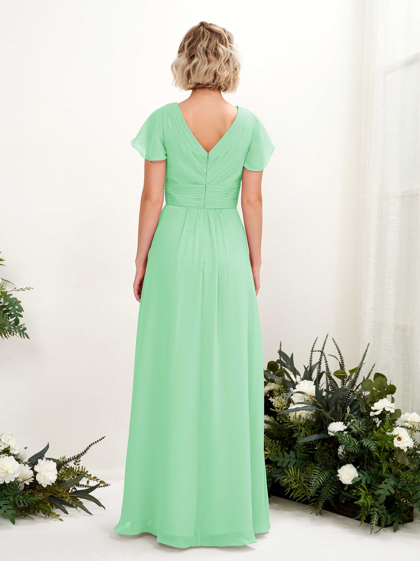 Carlyna A-Linie V-Ausschnitt Wickelausschnitt Flatterärmel bodenlanges Kleid Minzgrün #farbe_minzgr-n