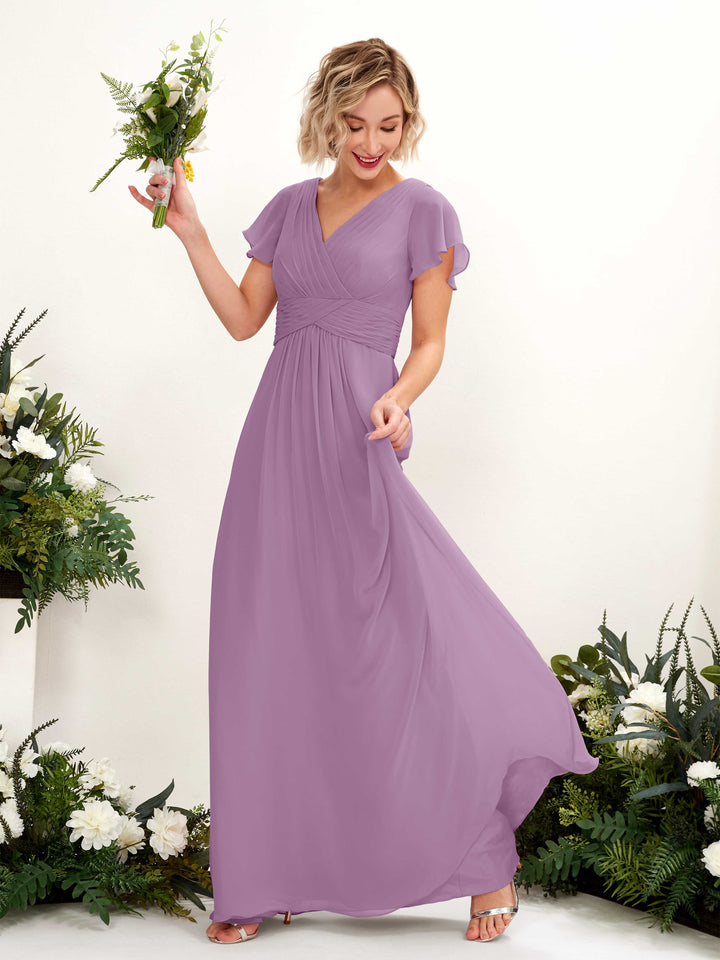 Carlyna A-Linie V-Ausschnitt Wickelausschnitt Flatterärmel bodenlanges Kleid Orchideen-Nebel 