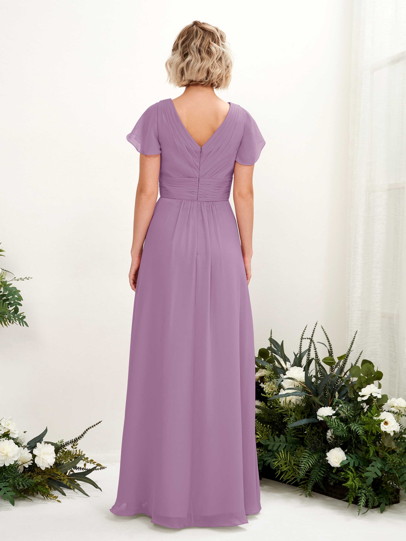 Carlyna A-Linie V-Ausschnitt Wickelausschnitt Flatterärmel bodenlanges Kleid Orchideen-Nebel #farbe_orchideen-nebel