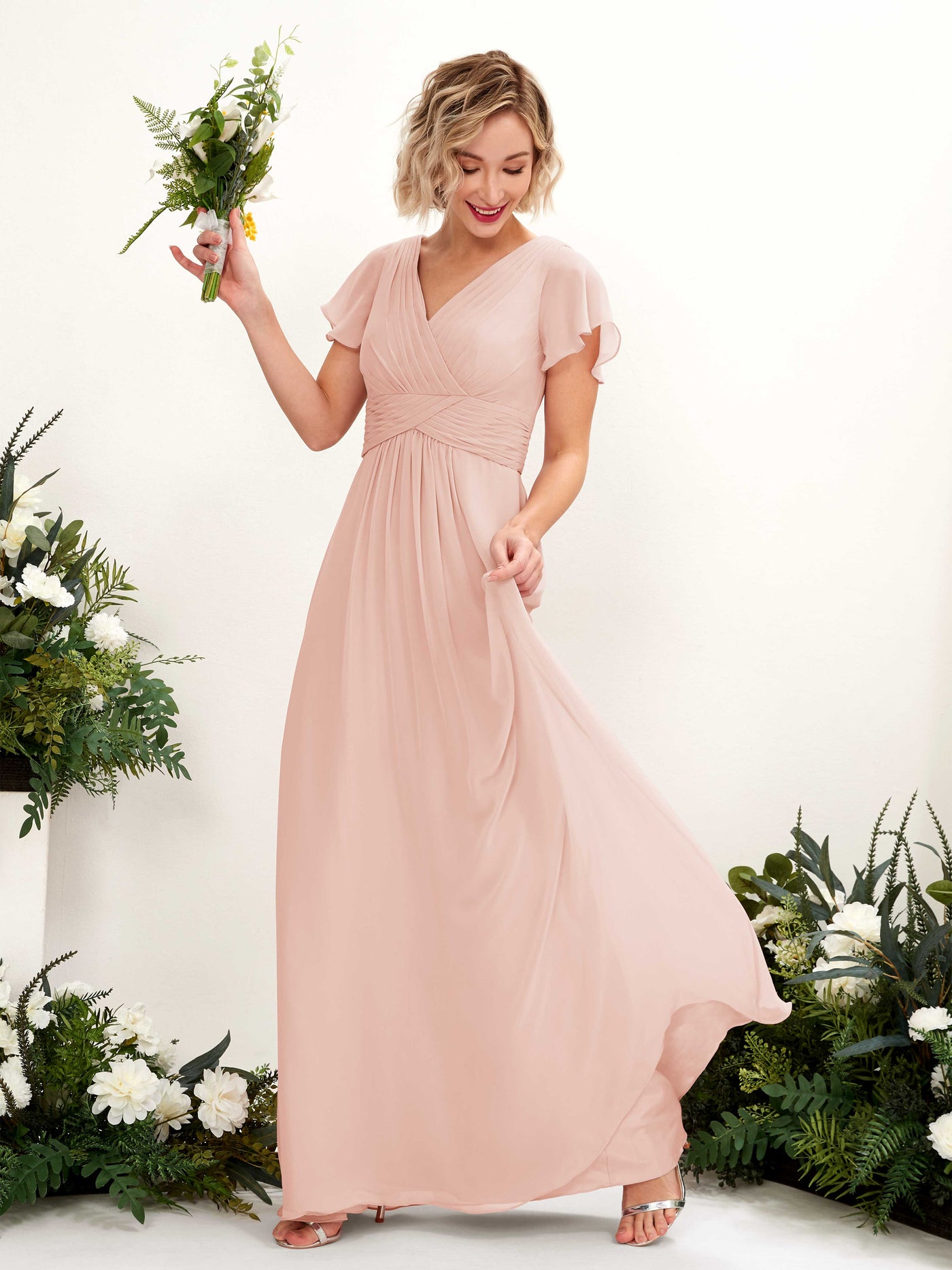 Carlyna A-Linie V-Ausschnitt Wickelausschnitt Flatterärmel bodenlanges Kleid Perlrosa #farbe_perlrosa