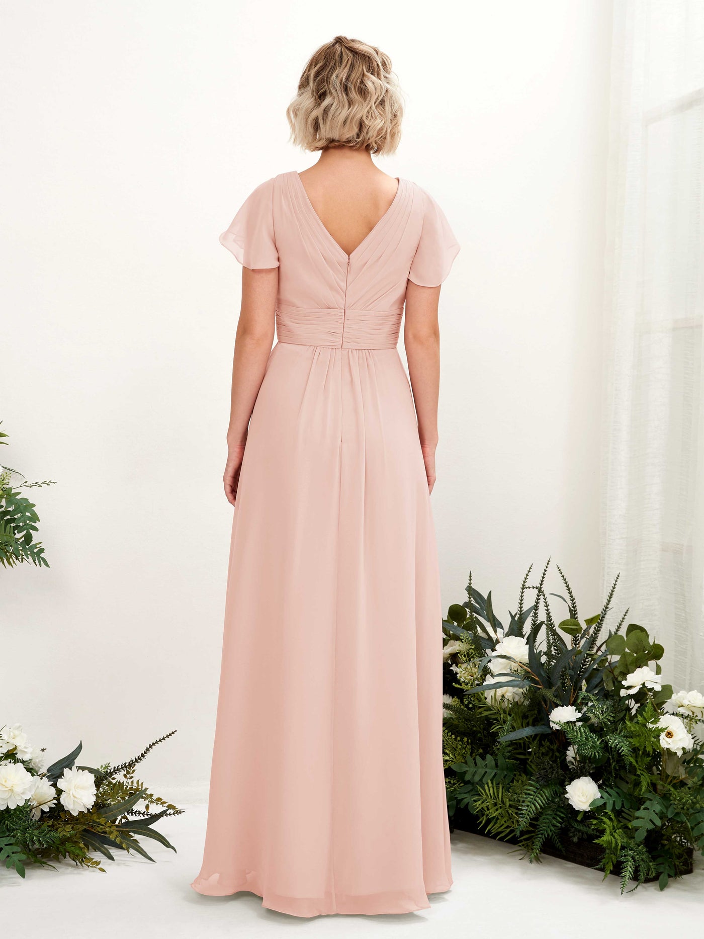 Carlyna A-Linie V-Ausschnitt Wickelausschnitt Flatterärmel bodenlanges Kleid Perlrosa #farbe_perlrosa