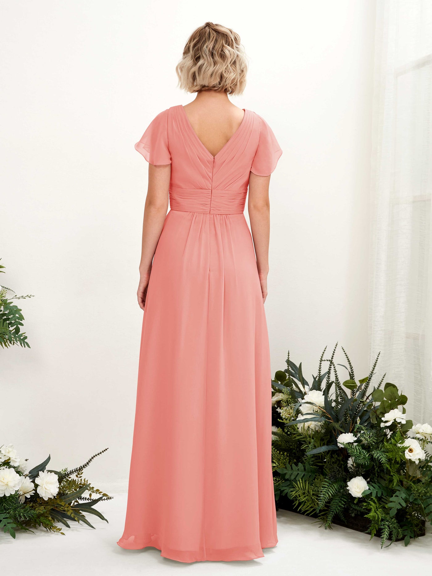 Carlyna A-Linie V-Ausschnitt Wickelausschnitt Flatterärmel bodenlanges Kleid Pfirsichrosa #farbe_pfirsichrosa