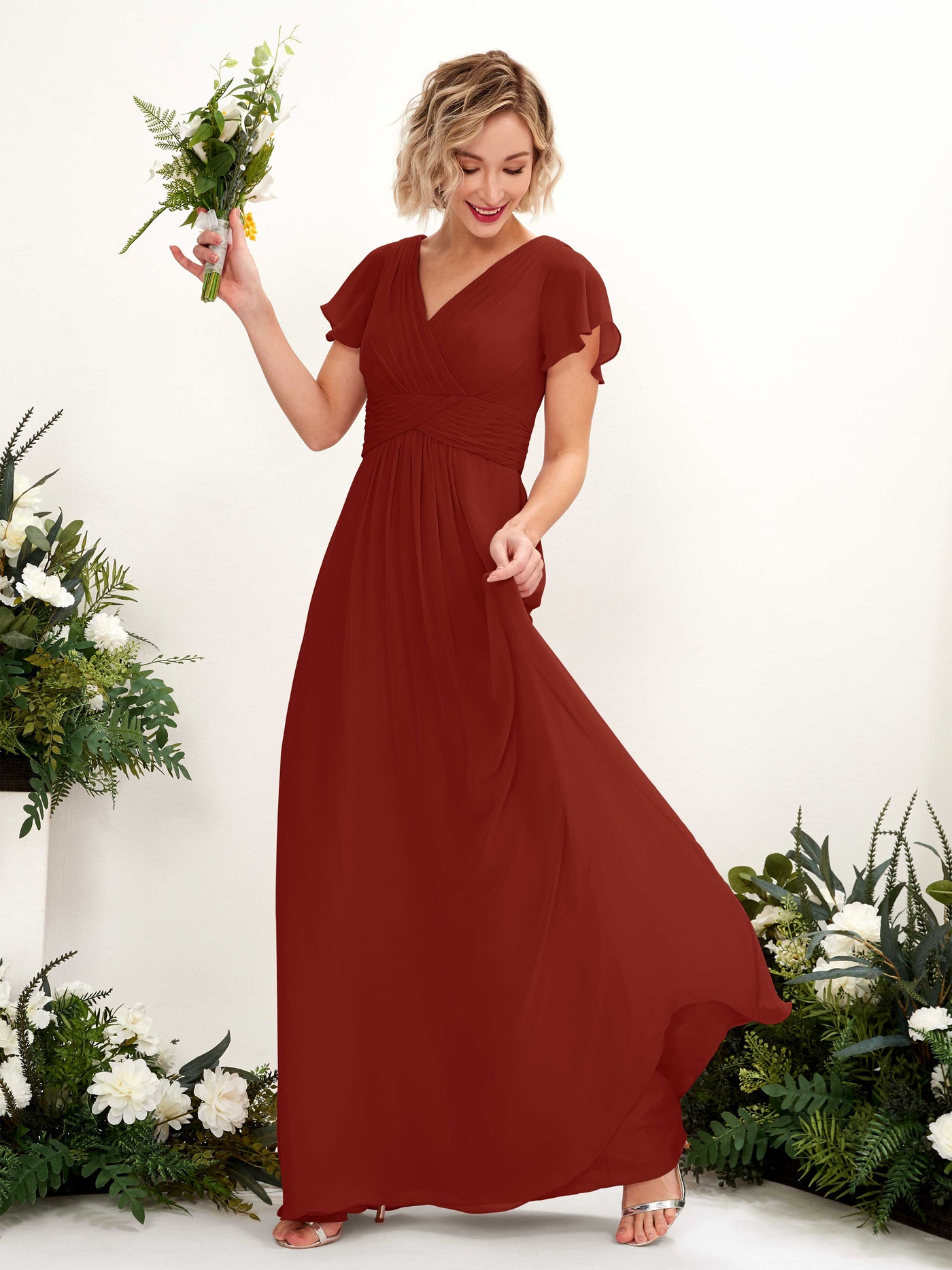 Carlyna A-Linie V-Ausschnitt Wickelausschnitt Flatterärmel bodenlanges Kleid Rostrot #farbe_rostrot
