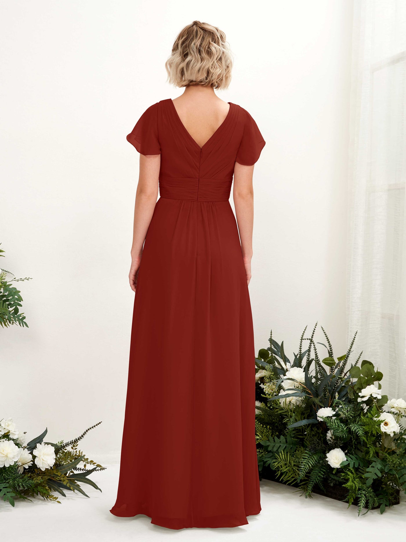 Carlyna A-Linie V-Ausschnitt Wickelausschnitt Flatterärmel bodenlanges Kleid Rostrot #farbe_rostrot