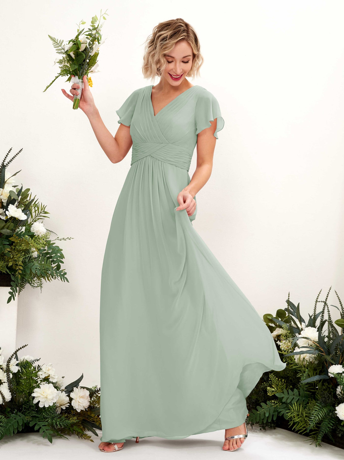 Carlyna A-Linie V-Ausschnitt Wickelausschnitt Flatterärmel bodenlanges Kleid Salbeigrün #farbe_salbeigr-n