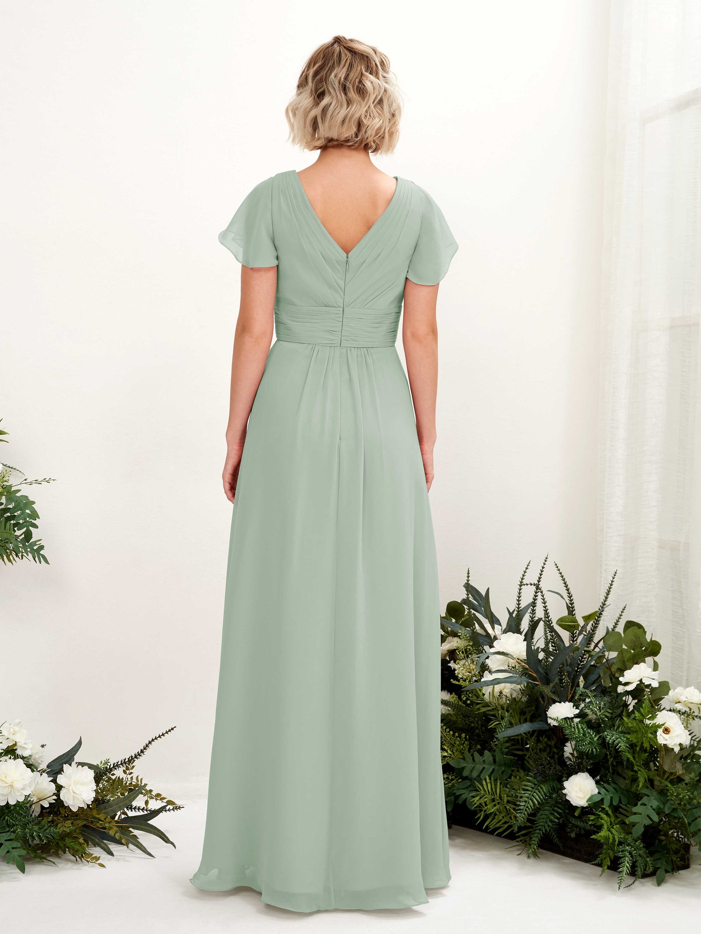 Carlyna A-Linie V-Ausschnitt Wickelausschnitt Flatterärmel bodenlanges Kleid Salbeigrün #farbe_salbeigr-n