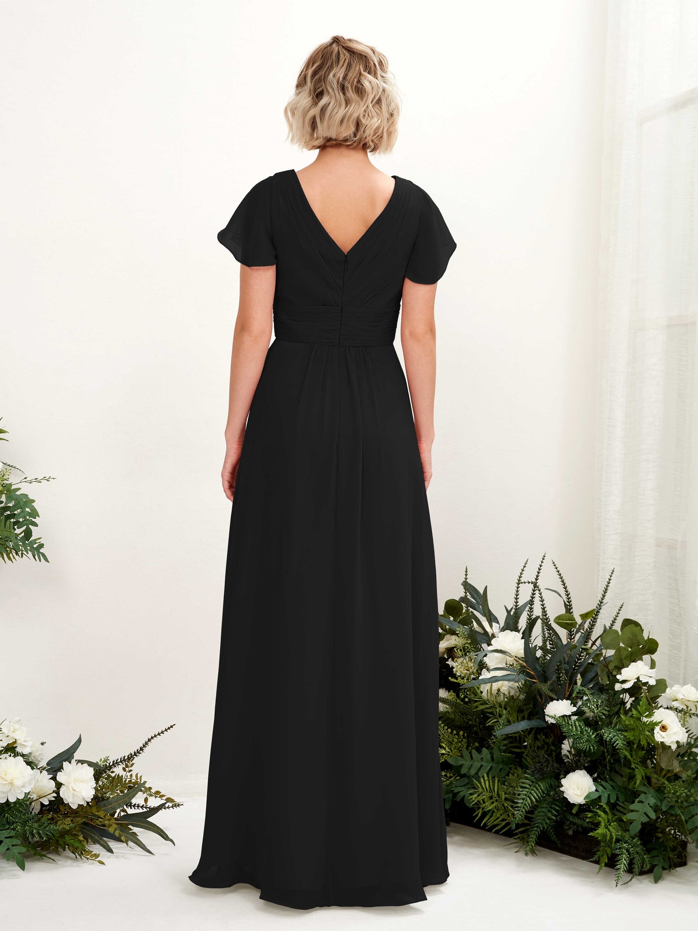 Carlyna A-Linie V-Ausschnitt Wickelausschnitt Flatterärmel bodenlanges Kleid Schwarz #farbe_schwarz