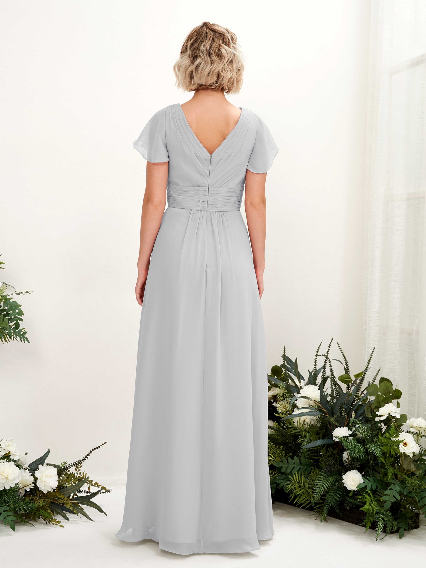 Carlyna A-Linie V-Ausschnitt Wickelausschnitt Flatterärmel bodenlanges Kleid Silber #farbe_silber