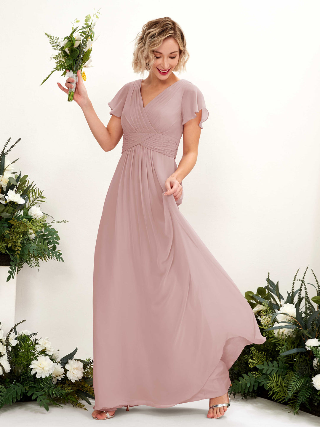 Carlyna A-Linie V-Ausschnitt Wickelausschnitt Flatterärmel bodenlanges Kleid Staubige Rose 