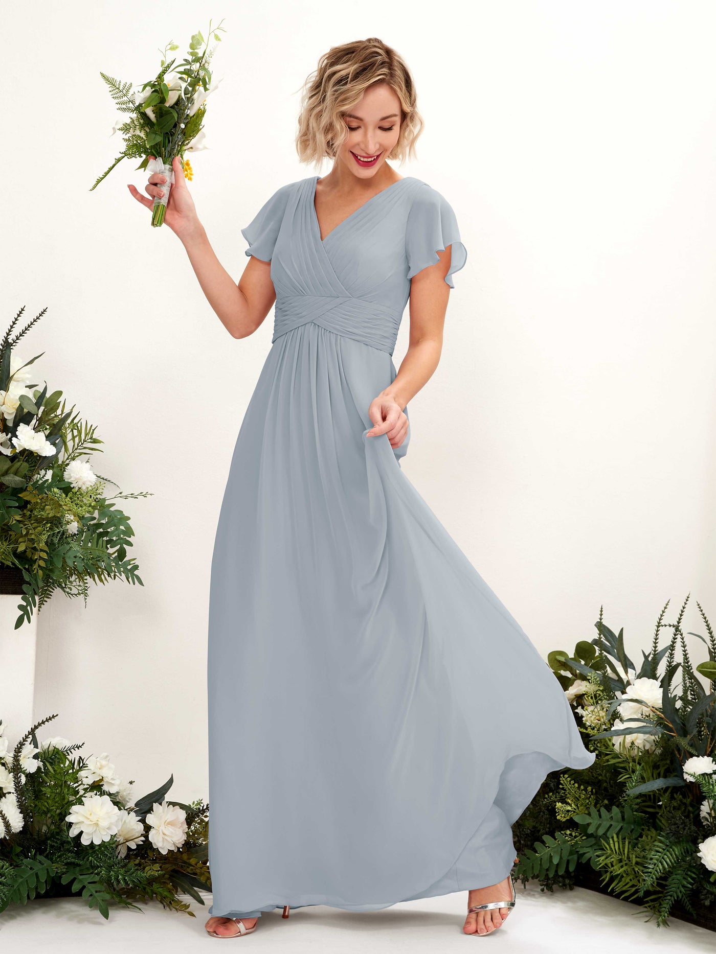 Carlyna A-Linie V-Ausschnitt Wickelausschnitt Flatterärmel bodenlanges Kleid Staubiges Blau-Upgrade #farbe_staubiges-blau-upgrade