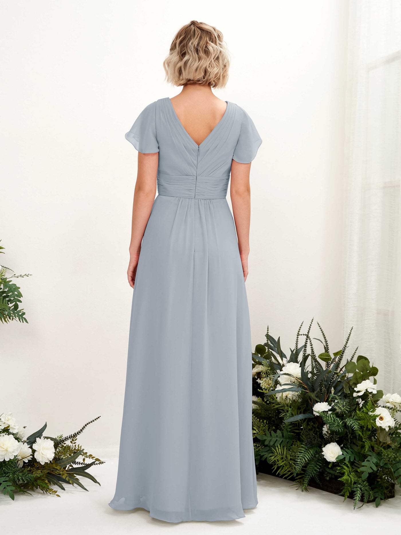 Carlyna A-Linie V-Ausschnitt Wickelausschnitt Flatterärmel bodenlanges Kleid Staubiges Blau-Upgrade #farbe_staubiges-blau-upgrade