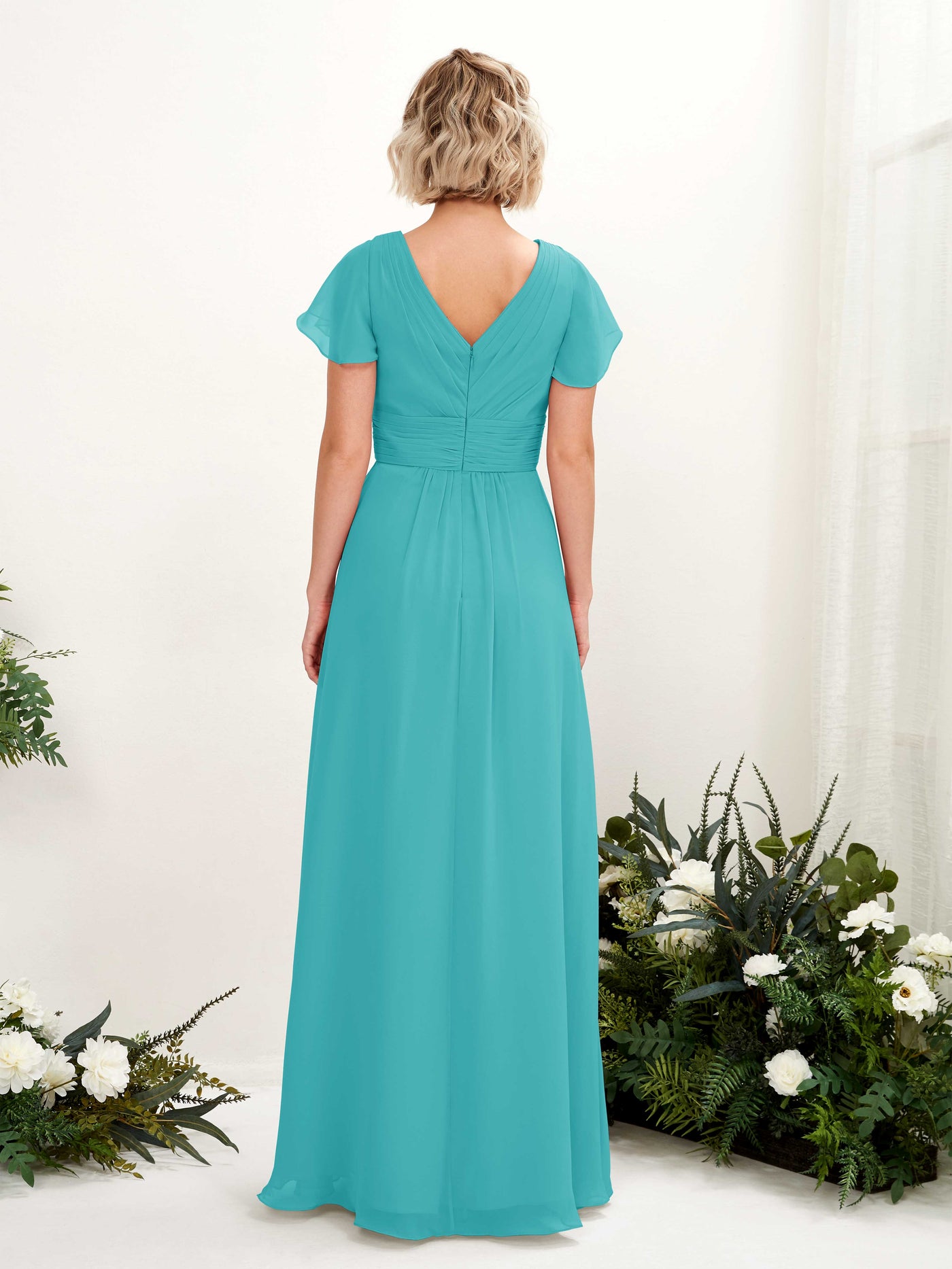 Carlyna A-Linie V-Ausschnitt Wickelausschnitt Flatterärmel bodenlanges Kleid Türkis #farbe_t-rkis