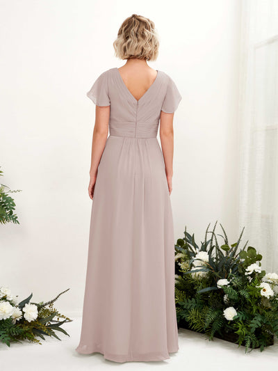 Carlyna A-Linie V-Ausschnitt Wickelausschnitt Flatterärmel bodenlanges Kleid Taupe #farbe_taupe