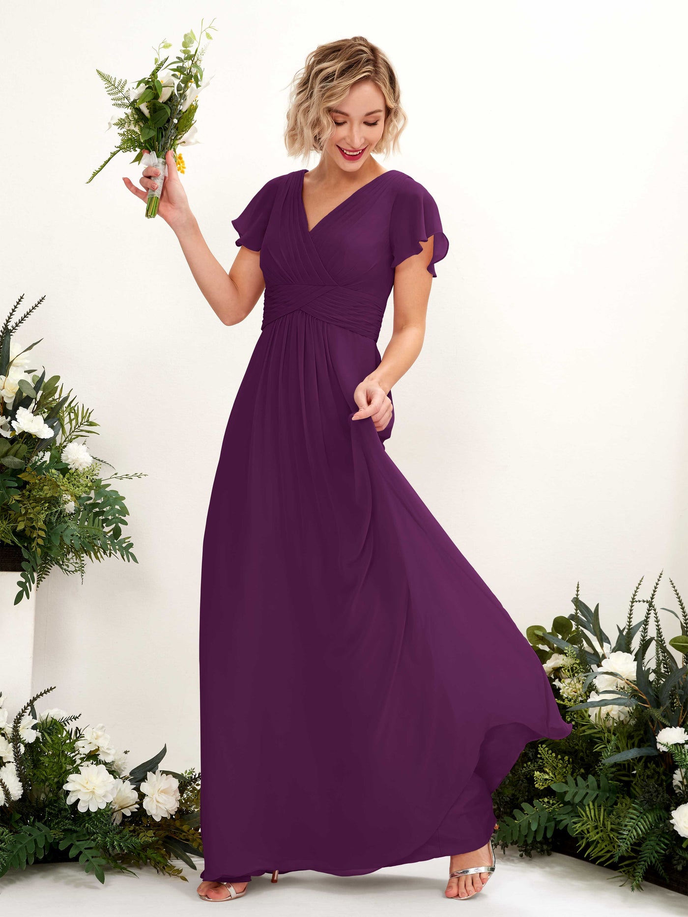 Carlyna A-Linie V-Ausschnitt Wickelausschnitt Flatterärmel bodenlanges Kleid Traube #farbe_traube