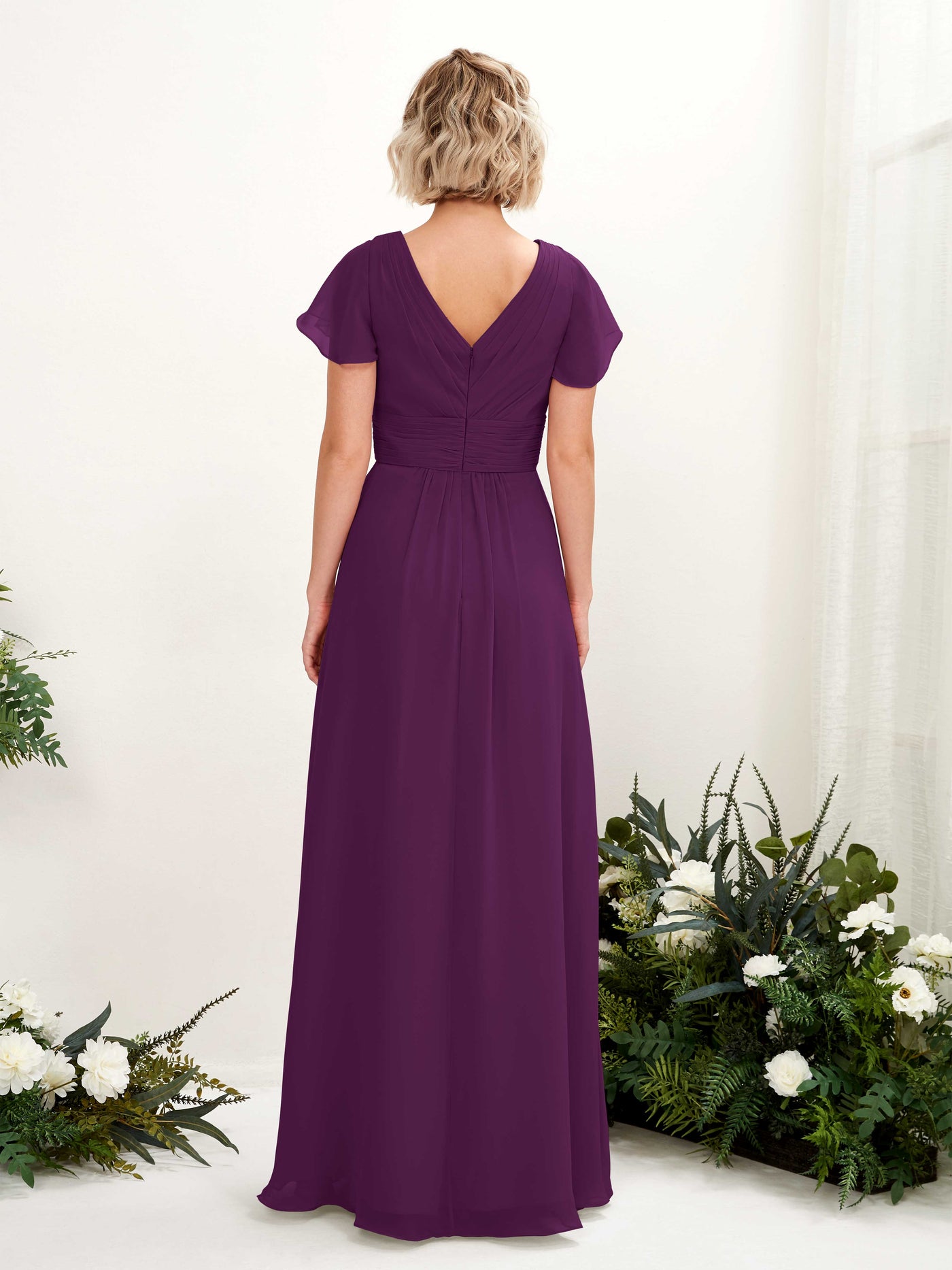 Carlyna A-Linie V-Ausschnitt Wickelausschnitt Flatterärmel bodenlanges Kleid Traube #farbe_traube