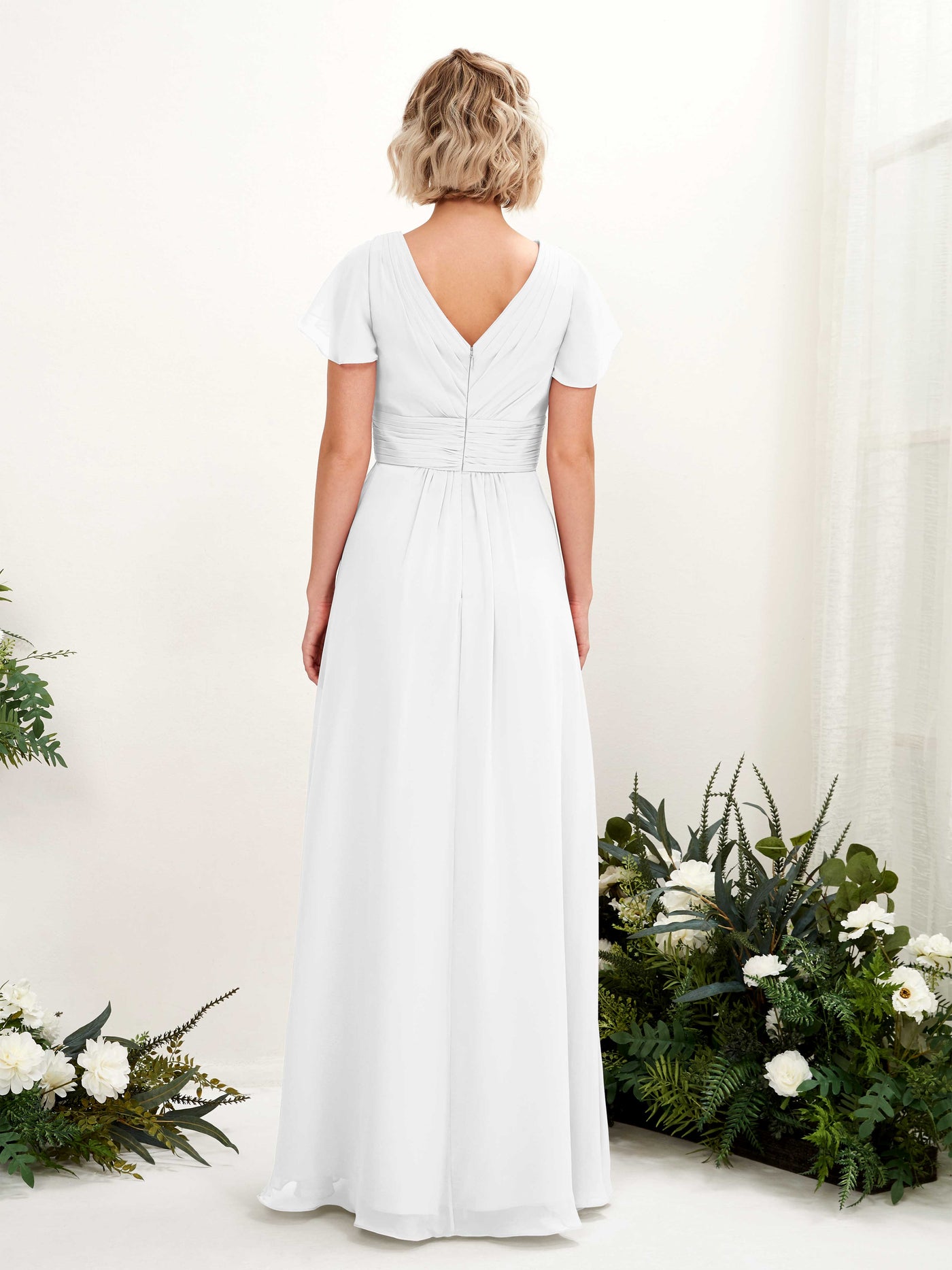 Carlyna A-Linie V-Ausschnitt Wickelausschnitt Flatterärmel bodenlanges Kleid Weiß #farbe_wei
