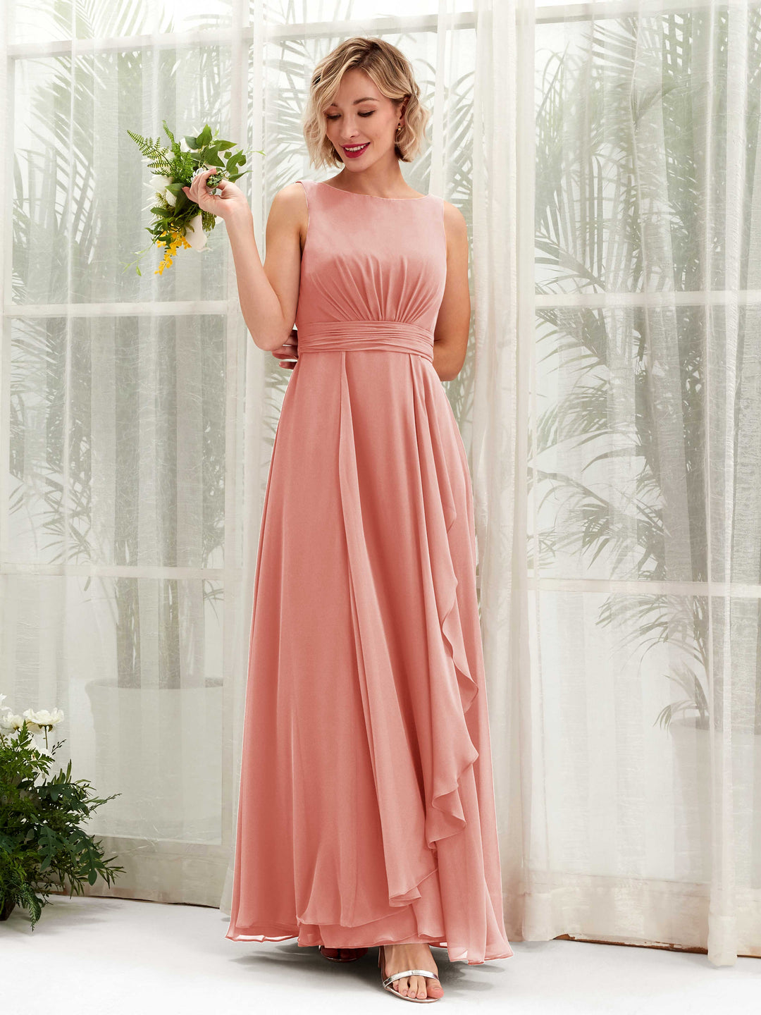 Carlyna A-Linien bodenlang U-Boot-Ausschnitt Brautjungfernkleid Champagner-Rose 