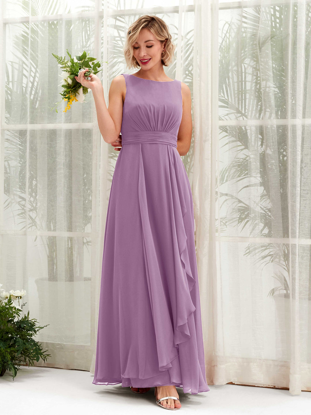 Carlyna A-Linien bodenlang U-Boot-Ausschnitt Brautjungfernkleid Orchideen-Nebel 