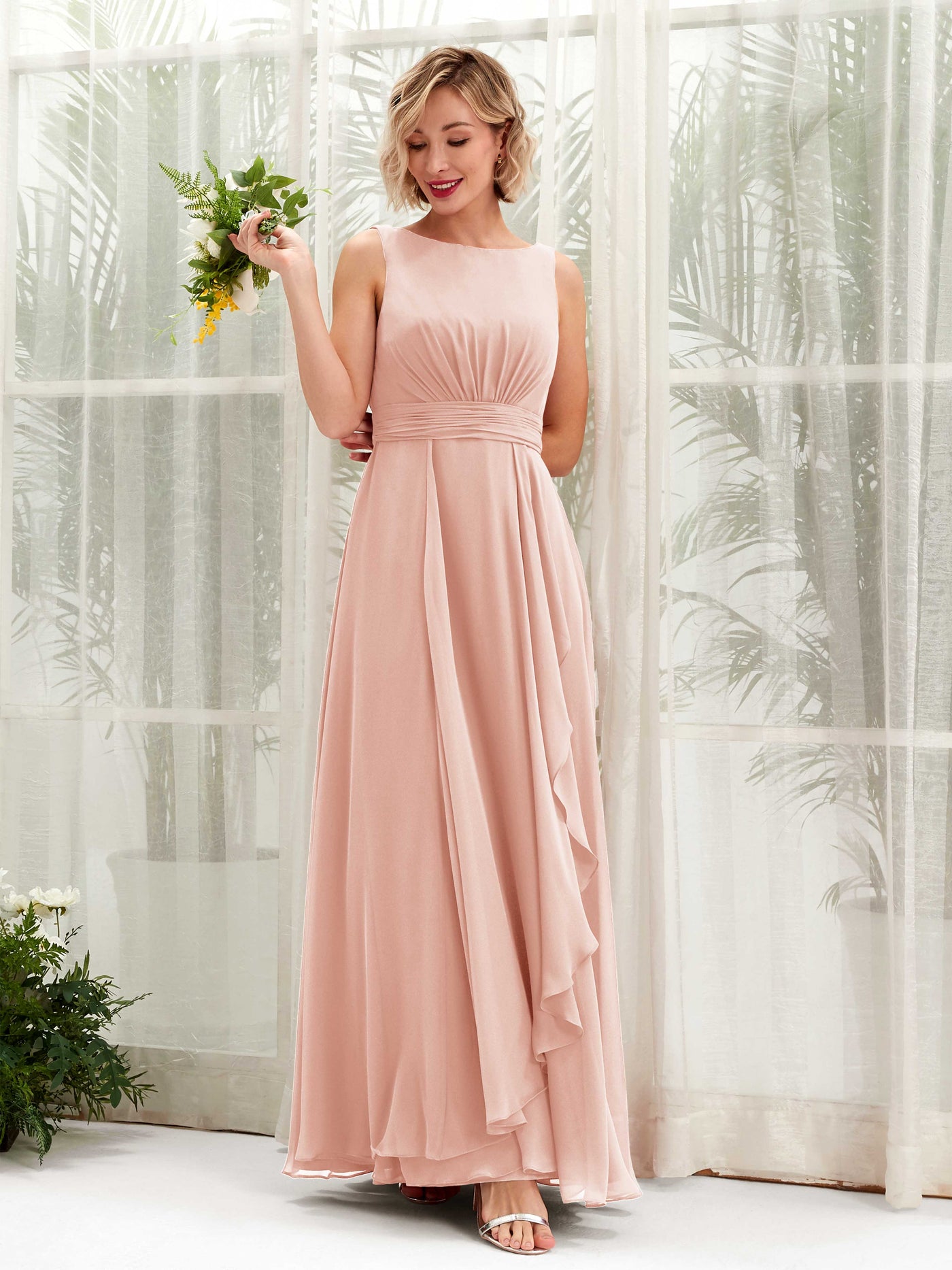 Carlyna A-Linien bodenlang U-Boot-Ausschnitt Brautjungfernkleid Perlrosa #farbe_perlrosa