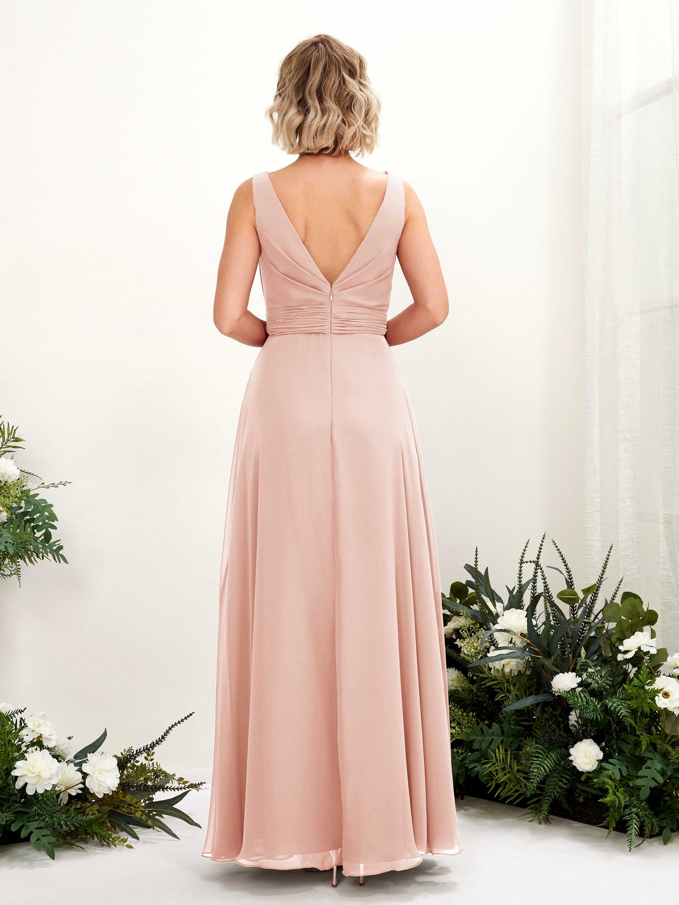 Carlyna A-Linien bodenlang U-Boot-Ausschnitt Brautjungfernkleid Perlrosa #farbe_perlrosa