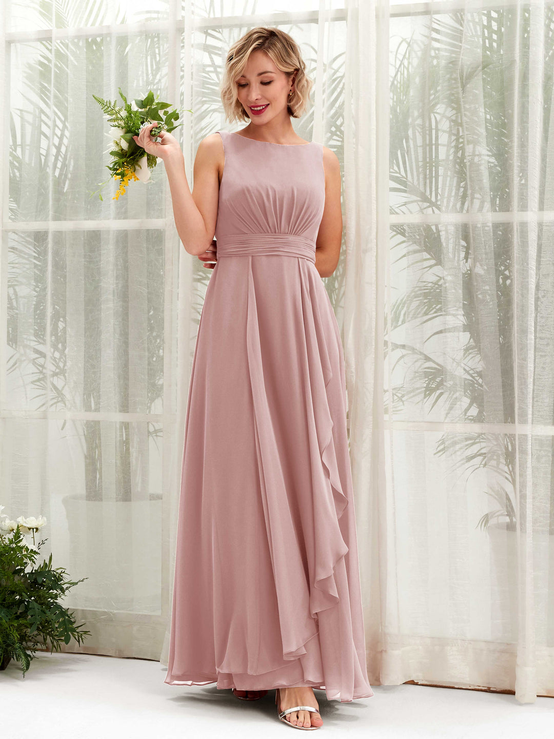 Carlyna A-Linien bodenlang U-Boot-Ausschnitt Brautjungfernkleid Staubige Rose 