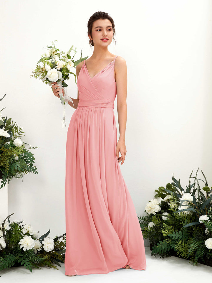 Carlyna A-Linien Bodenlanges V-Ausschnitt Chiffon Kleid Ballettrosa 