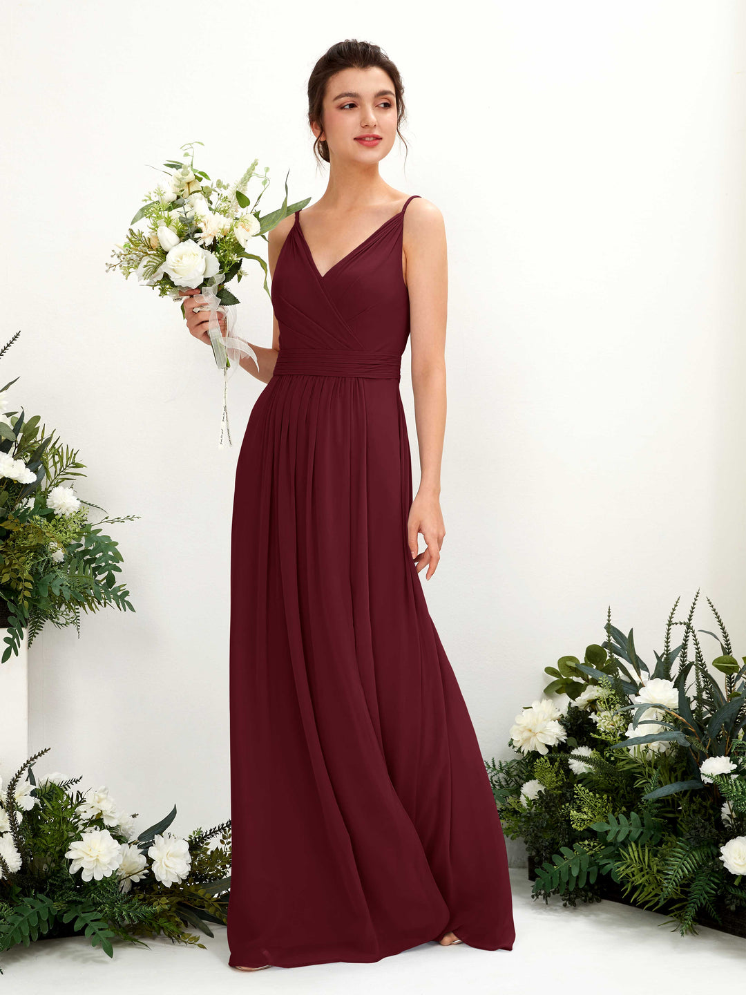 Carlyna A-Linien Bodenlanges V-Ausschnitt Chiffon Kleid Burgunderrot 