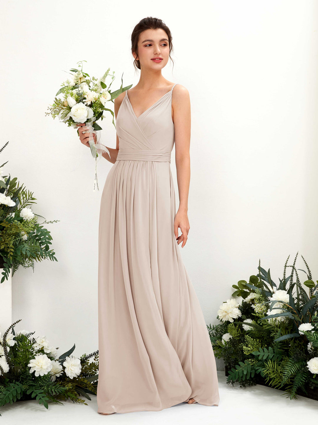 Carlyna A-Linien Bodenlanges V-Ausschnitt Chiffon Kleid Champagner 