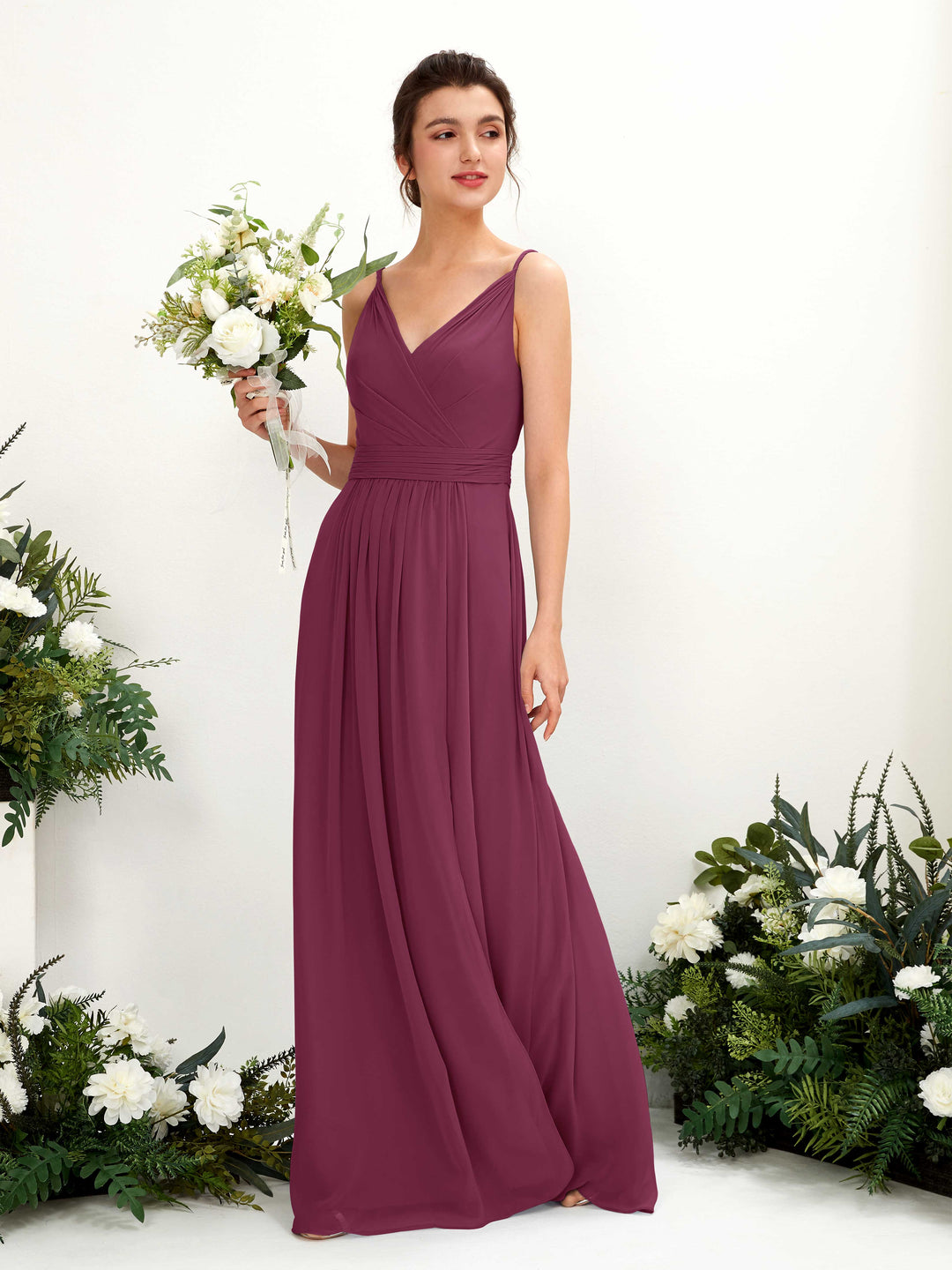 Carlyna A-Linien Bodenlanges V-Ausschnitt Chiffon Kleid Chianti 