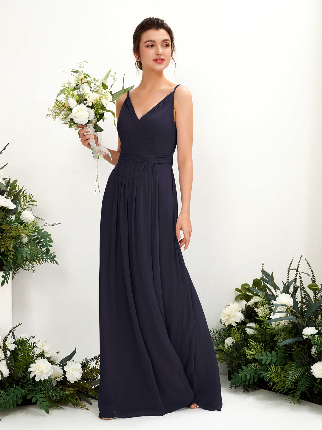 Carlyna A-Linien Bodenlanges V-Ausschnitt Chiffon Kleid Dunkel Marineblau 