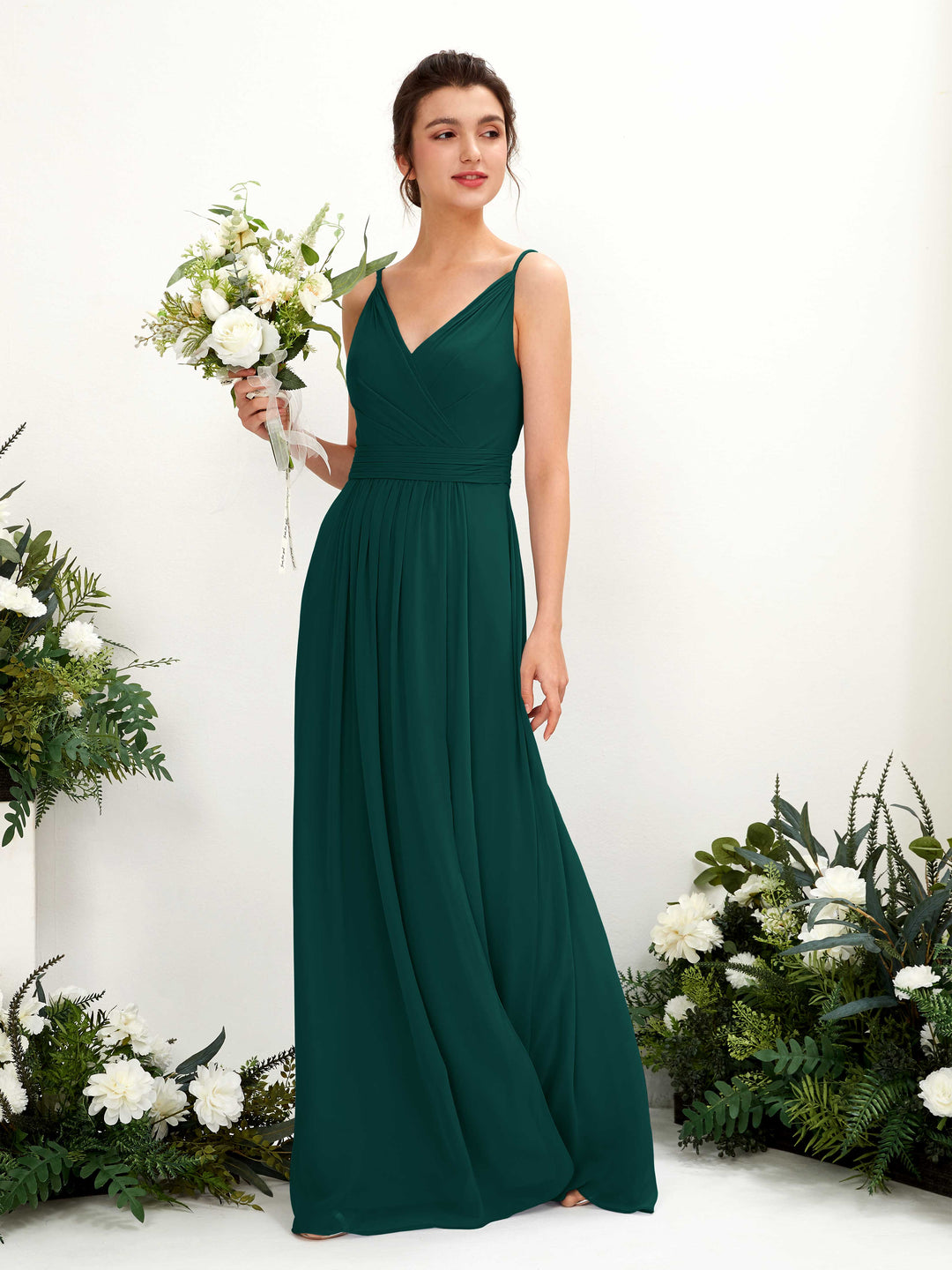 Carlyna A-Linien Bodenlanges V-Ausschnitt Chiffon Kleid Dunkelsmaragd 