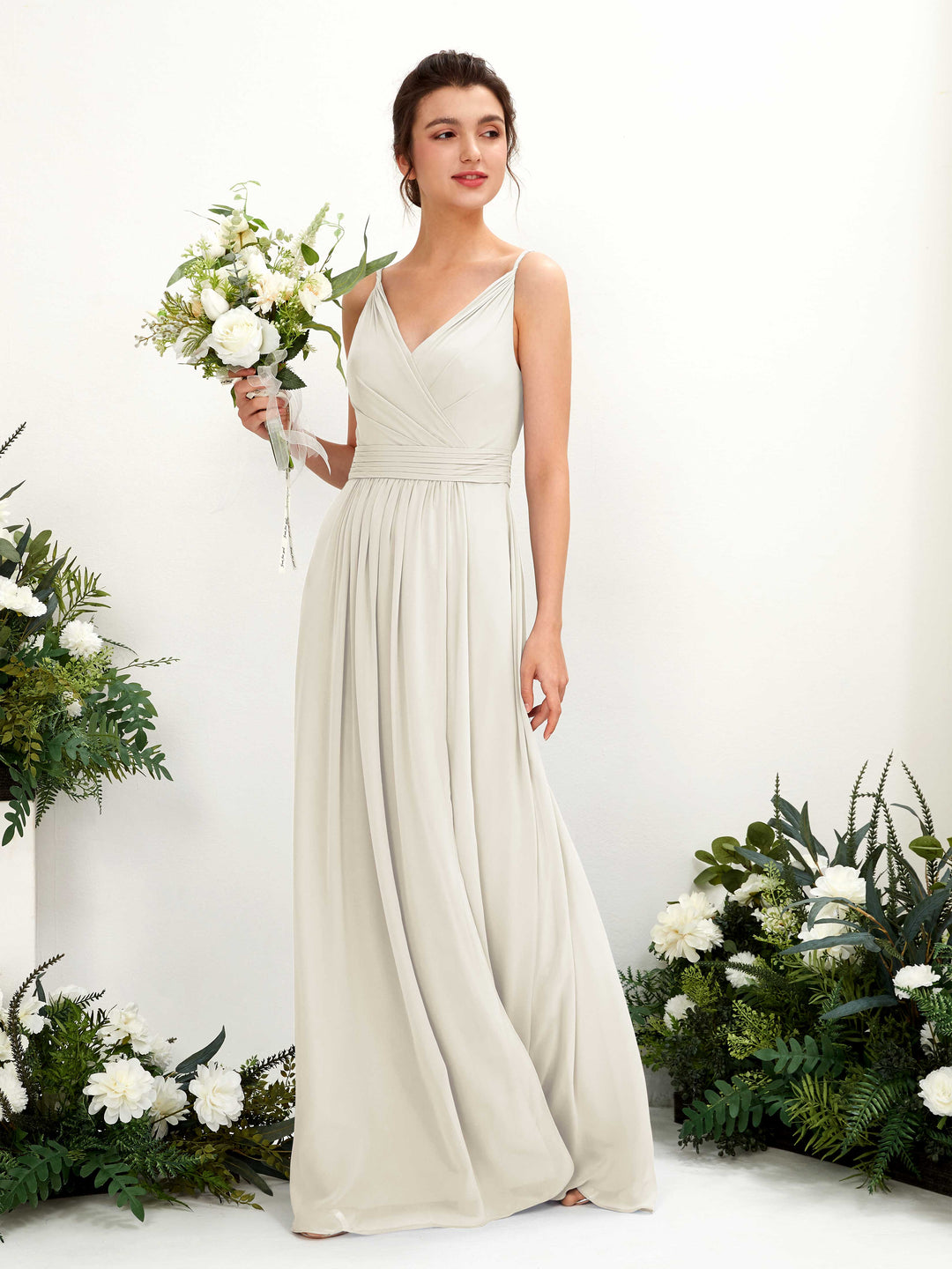 Carlyna A-Linien Bodenlanges V-Ausschnitt Chiffon Kleid Elfenbein 