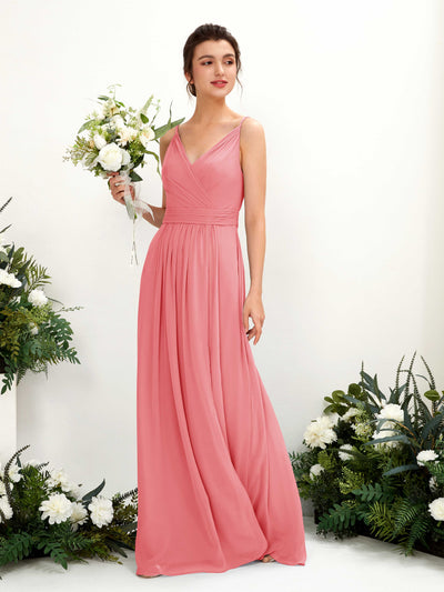 Carlyna A-Linien Bodenlanges V-Ausschnitt Chiffon Kleid Korallenrosa #farbe_korallenrosa