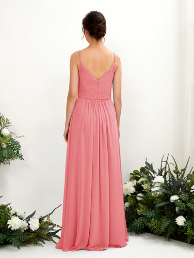 Carlyna A-Linien Bodenlanges V-Ausschnitt Chiffon Kleid Korallenrosa #farbe_korallenrosa