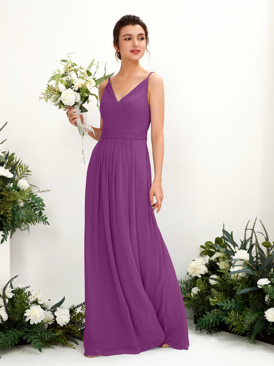 Carlyna A-Linien Bodenlanges V-Ausschnitt Chiffon Kleid Lila 
