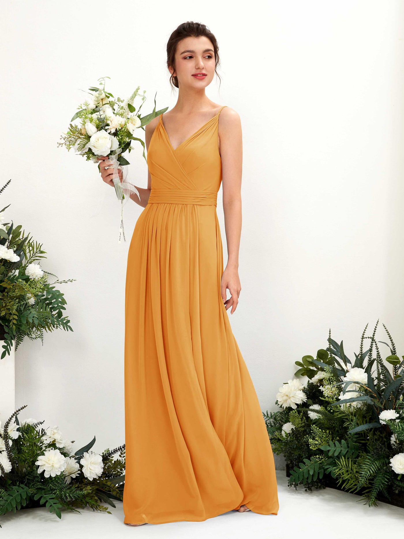 Carlyna A-Linien Bodenlanges V-Ausschnitt Chiffon Kleid Mango #farbe_mango