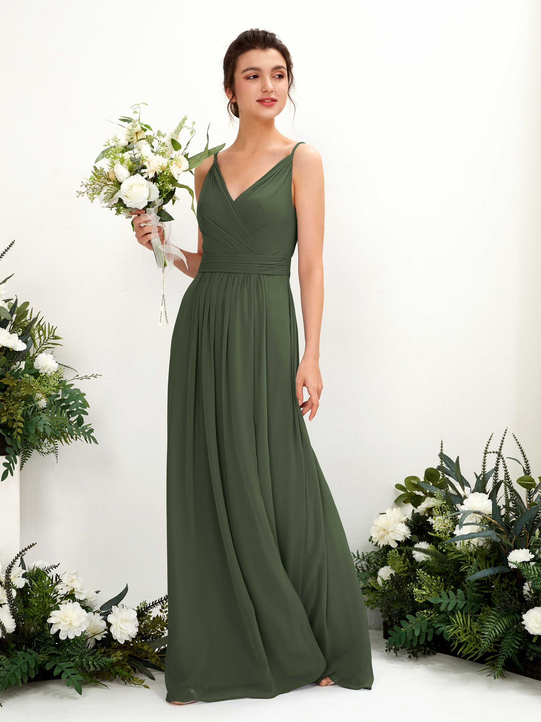 Carlyna A-Linien Bodenlanges V-Ausschnitt Chiffon Kleid Martini-Olive 